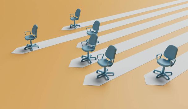 Business leadership concept. office chairs on an arrow path with one ahead. career development. 3D Rendering. - Foto, afbeelding