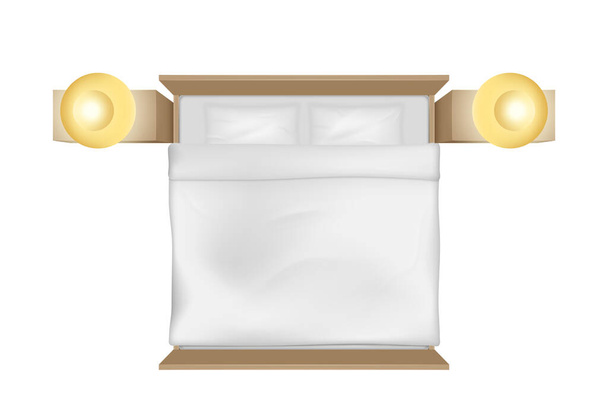Cama king size con colchón, manta blanca, sábanas y almohadas, mesas auxiliares y lámparas. Cama realista para dormitorio familiar aislado sobre fondo blanco. Ilustración vectorial - Vector, Imagen