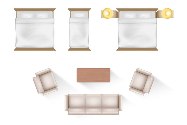 Set van meubels voor slaapkamer en woonkamer, bovenaanzicht. Realistische bedden voor enkele, dubbele en kingsize, bank met fauteuils en salontafel, rendering interieur. Vectorillustratie - Vector, afbeelding