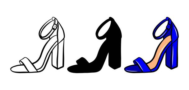 Vrouw schoenen pictogram set geïsoleerd op witte achtergrond. Kleurrijke hand getekend vector mode illustratie. Schoonheid en glamour omtrek silhouet. Logo-ontwerpelement. - Vector, afbeelding