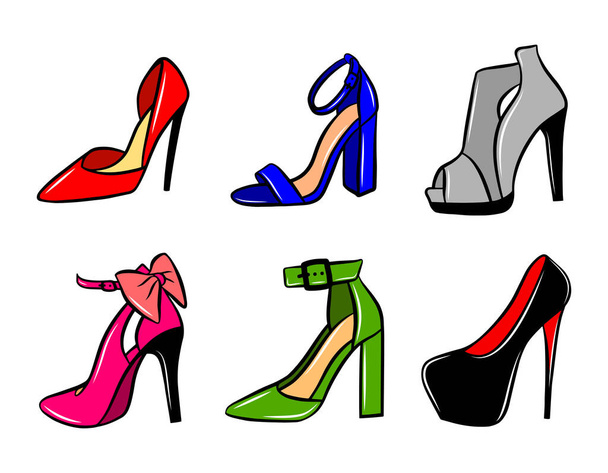 Woman shoes icon set isolated on white background. Colorful hand drawn vector fashion illustration. Beauty and glamour outline silhouette. Logo design element. - ベクター画像