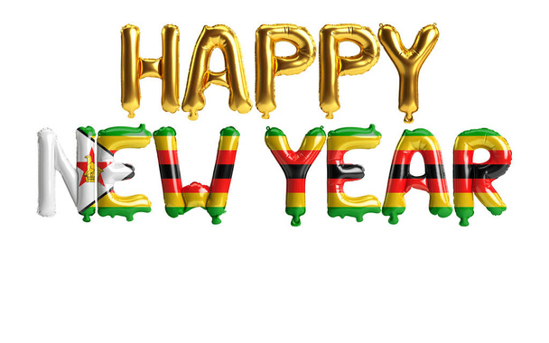 3d illustration of happy new year letter balloons with Zimbabwe flag color isolated on white background - Photo, Image