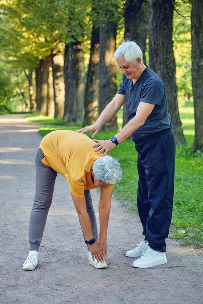 Elderly married couple working out, doing exercises outdoors. Healthy sportive lifestyle or retirees concept - Foto, Imagen
