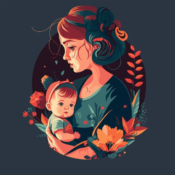мать обнимает ребенка на цветочном фоне, счастливый день матери вектор плоский стиль иллюстрации, я люблю тебя, мама - Вектор,изображение