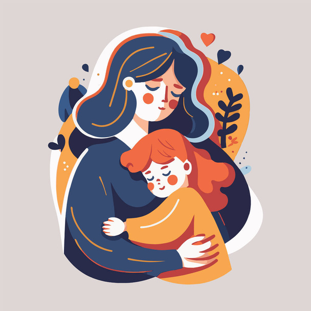 matka obejmout dítě na květinovém pozadí, šťastný Den matek vektor plochý styl ilustrace, miluji tě maminka - Vektor, obrázek