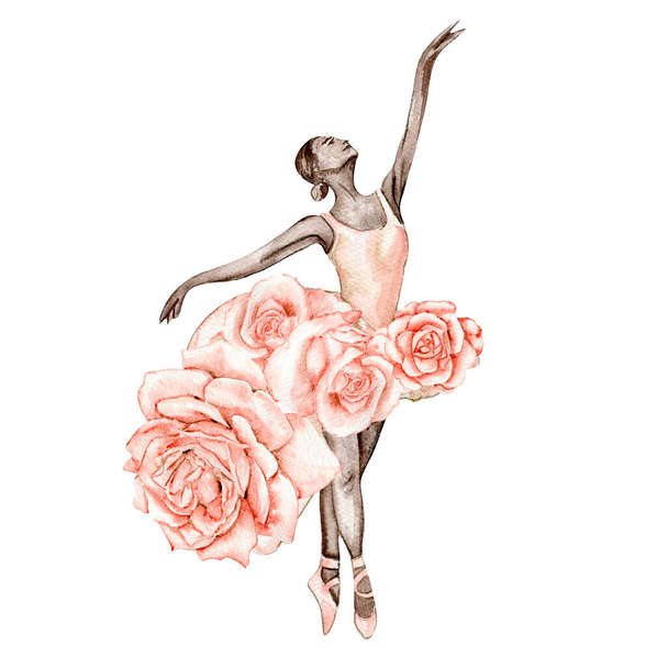 Акварель танцює балерину з квітами. Рожева гарна балерина. Акварель рука малює ілюстрацію. Може використовуватися для карт або плакатів. З білим ізольованим тлом. Ілюстрація
 - Вектор, зображення