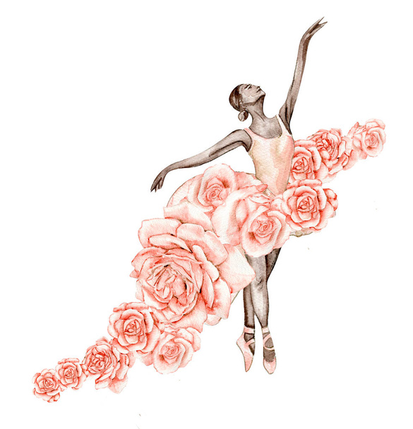 Watercolor dancing ballerina composition with flowers.Pink pretty ballerina. Watercolor hand draw illustration. Can be used for cards or posters. With white isolated background. Illustration - Vector, Image