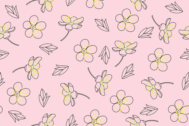 Illustration line of the cherry bossoms flower with leaf on pink background. - Vector, afbeelding