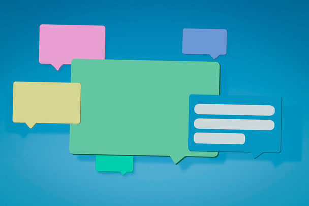 Illustrazione con bolle di chat di testo con diverse dimensioni e colori su uno sfondo blu - Foto, immagini