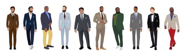 Σύνολο διαφορετικών χαρακτήρων επιχειρηματία σε επίσημα ή μαύρα ρούχα γραβάτα. Κομψοί όμορφοι τύποι που φοράνε επίσημα κοστούμια και σμόκιν. Χειροποίητες διανυσματικές ρεαλιστικές απεικονίσεις απομονωμένες σε λευκό φόντο. - Διάνυσμα, εικόνα