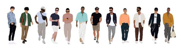 Набор различных мужчин в современной уличной одежде моды стоя и ходьбы. Векторная реалистичная иллюстрация в стиле мультфильма на белом фоне. - Вектор,изображение