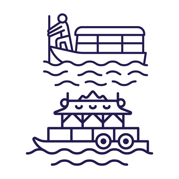 Παραδοσιακή ασιατική ferry passage boat εικόνα με puller man και κουπί. Ιαπωνικό τουριστικό διερχόμενο σκάφος. - Διάνυσμα, εικόνα