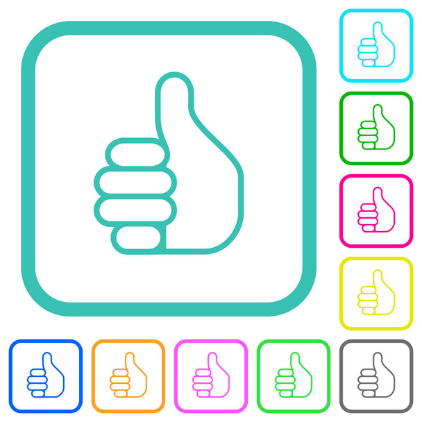 Большой палец правой руки вверх по контуру яркие цветные плоские иконки в изогнутых границах на белом фоне - Вектор,изображение