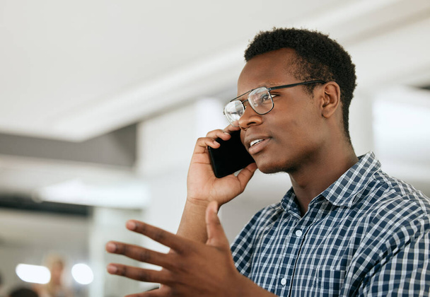 Business black man, phone call and communication for startup networking, online negotiation strategy and corporate planning. African boss, entrepreneur or manager talking on a smartphone for feedback. - Φωτογραφία, εικόνα