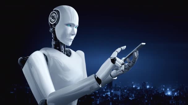 El hominoide robot utiliza el teléfono móvil o la tableta para la conexión a la red global utilizando el cerebro pensante de IA, la inteligencia artificial y el proceso de aprendizaje automático para la cuarta revolución industrial. Renderizado 3D. - Metraje, vídeo