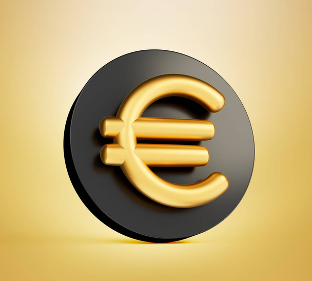 Goldenes Euro-Symbol auf schwarzem Symbol. 3D-Illustration. - Foto, Bild