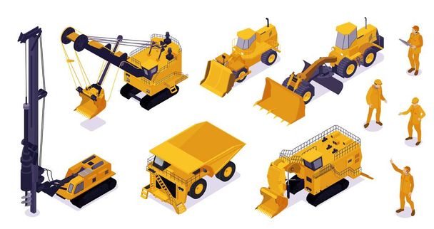 Izometryczny zestaw górniczy z pojedynczymi obrazami ciężkich jednostek maszynowych żółte buldożery koparki na pustym tle wektor ilustracji - Wektor, obraz