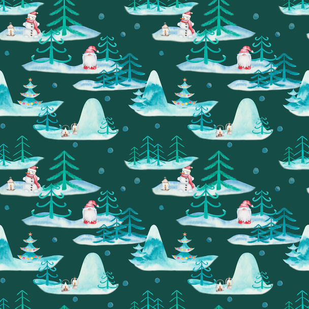 Wzór bezszwowy akwarela. Ręcznie malowane ilustracje bałwana i karła z latarniami. Las ze śniegiem, jodłami, górami. Śnieg. Drukuj na zielonym tle na Nowy Rok, Boże Narodzenie - Zdjęcie, obraz