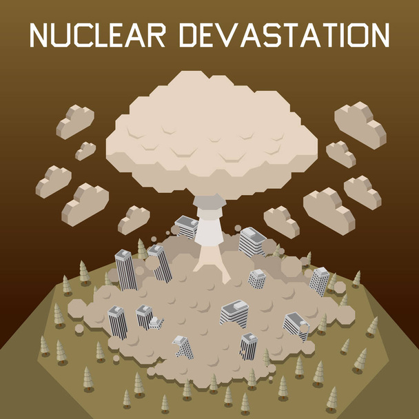 Concepto isométrico de desastre natural con ilustración vectorial de cataclismo de explosión nuclear - Vector, Imagen
