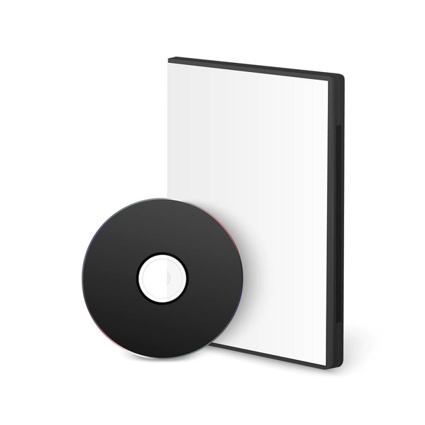 Vector 3d Realistic Black CD, DVD with Plastic Cover, Envelope, Case Isolated. CD Box, Packaging Design Template for Mockup. Compact Disk Icon, Front View. - Vector, Imagen