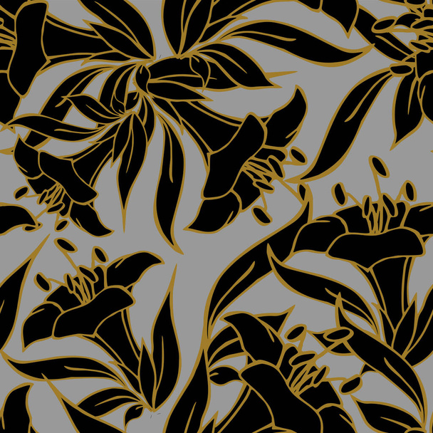 бесшовный узор из больших черных цветов с золотым контуром на светло-сером фоне, текстура, дизайн - Вектор,изображение