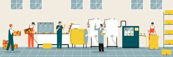 Процесс производства сока с заводским оборудованием и рабочими, осуществляющими контроль за проведением фруктов и помещающими коробки в плоские векторные иллюстрации - Вектор,изображение