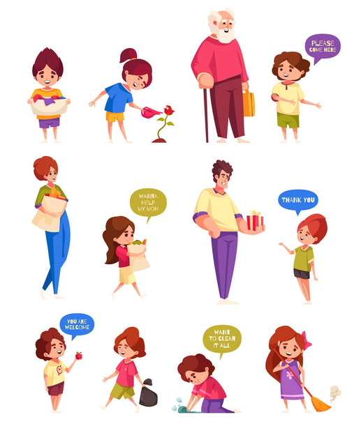 Icone per bambini ben educate impostate con i bambini che aiutano gli adulti isolati illustrazione vettoriale - Vettoriali, immagini