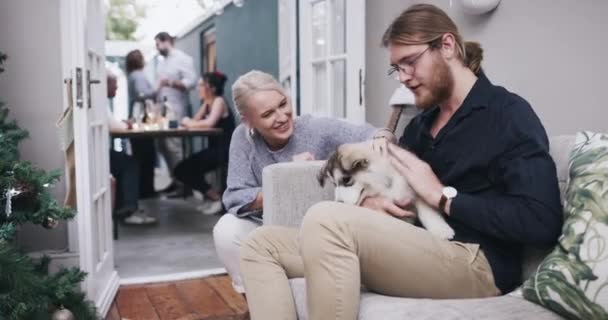 Family, party and couple on a sofa with dog, happy and relax while bonding and playing in living room. Happy family, puppy and christmas, birthday or social gathering celebration in a family home. - Footage, Video