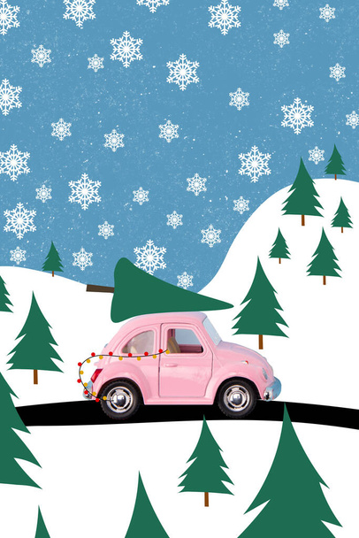 Creative photo 3d collage postcard poster picture brochure greeting card of moving car carry fir snowy wood isolated on painting background. - Photo, Image
