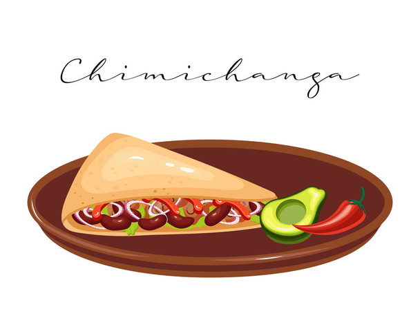 Chleb płaski z mięsem, chili i fasolą, chimichanga, kuchnia latynoamerykańska. Kuchnia narodowa Meksyku. Ilustracja żywności, wektor - Wektor, obraz