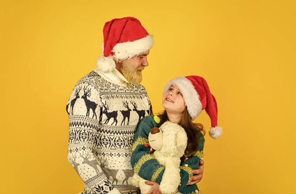 Father and little kid celebrate new year. Family time. Holly jolly christmas. Dad and child having fun. Christmas tradition. Christmas eve concept. Family bonds. Winter holidays. My dear daughter. - Fotó, kép