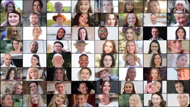 Összetett kép mosolygó emberek sokszínű csoportjáról. Emberarcok kollázs készlet. Multikulturális Avatár Csoport. - Felvétel, videó