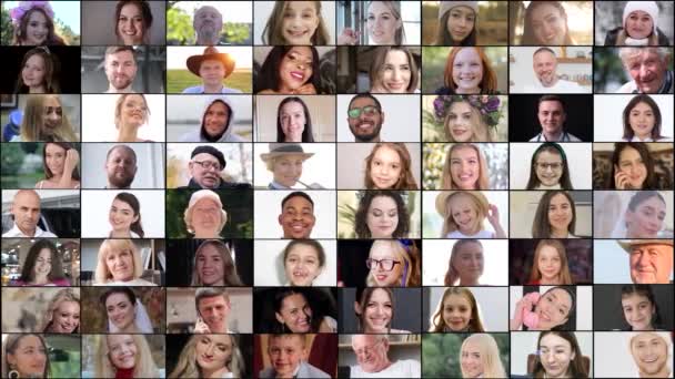Sok boldog multiracionális ember néz a kamerába egy négyzet alakú mozaik kollázsban. A HR, a személyzet, a társadalom fogalma. - Felvétel, videó