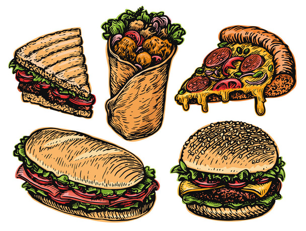 Fast food set. Burger, Burrito, Cheeseburger, Sandwich, slice of Pizza. Restaurant or diner menu. Vector illustration - Vector, imagen