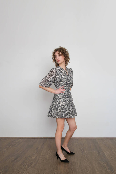 Serie studiofoto 's van jong vrouwelijk model in zebra print mini jurk - Foto, afbeelding