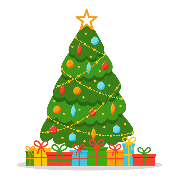 Χριστουγεννιάτικο δέντρο με στολίδια, γιρλάντες και δώρα - Φωτογραφία, εικόνα