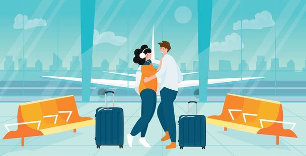 Couple heureux avec valises dans le hall de l'aéroport - Vecteur, image