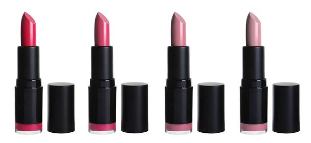 Set with different beautiful lipsticks on white background - Fotó, kép
