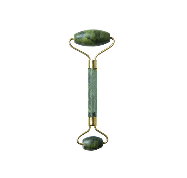 Masajeador de rodillos faciales de jade, verde, cabezas dobles, aislado, piedra natural - Foto, Imagen