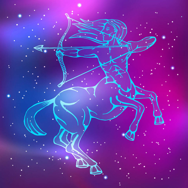 constellation Sagittarius. Centaur with bow. Zodiac mythological animals. Minimalistic pattern with glowing lines. Vector illustration - Vector, Image