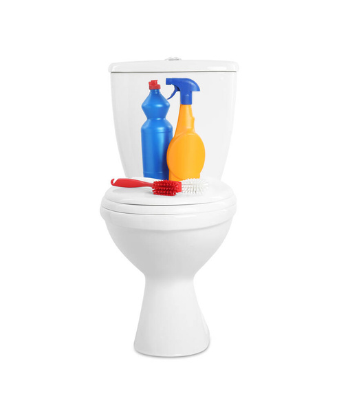 Toilet bowl and cleaning supplies on white background - Photo, Image