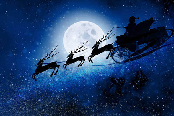 Santa Claus en trineo con renos en el cielo estrellado de noche con luna llena. Fondo de Navidad. Ilustración de representación 3D. - Foto, imagen