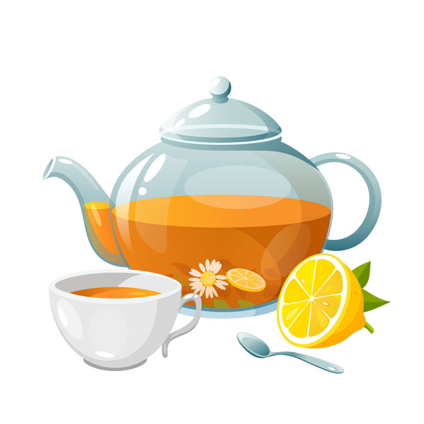 Натуральный травяной чай. Симпатичная чайная иллюстрация. - Вектор,изображение