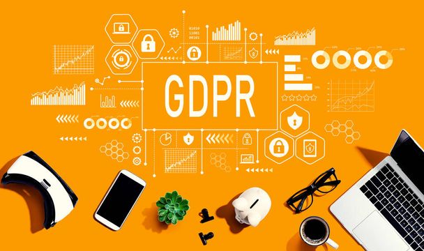 GDPR with electronic gadgets and office supplies - flat lay - Foto, immagini