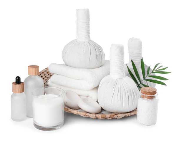 Beautiful composition with different spa products on white background - Zdjęcie, obraz
