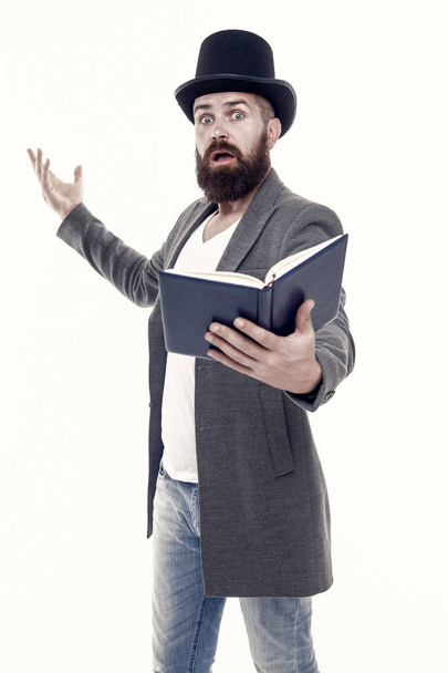 Recite verses. Poet or writer. Author of novel. Inspired bearded man read book. Poetry reading. Book presentation. Literature teacher. Books shop. Guy classic outfit read book. Literary criticism. - Valokuva, kuva