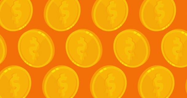 Χρυσά νομίσματα που χορεύουν σε πορτοκαλί φόντο. Χρυσό μεταλλικό νόμισμα μετρητά, μοτίβο χρήματα. - Πλάνα, βίντεο