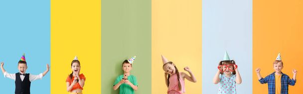 Kolekce šťastných dětí slaví narozeniny na barevném pozadí - Fotografie, Obrázek