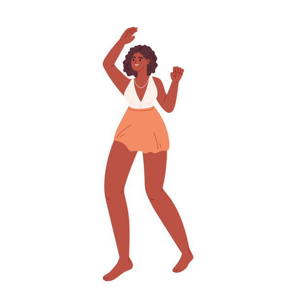 Fille afro-américaine joyeuse sur la plage fête de vacances heureux danser et sauter. Étudiante insouciante profiter de vacances, camp d'adolescents ou station balnéaire exotique à la mer. Illustration vectorielle plate de bande dessinée - Vecteur, image