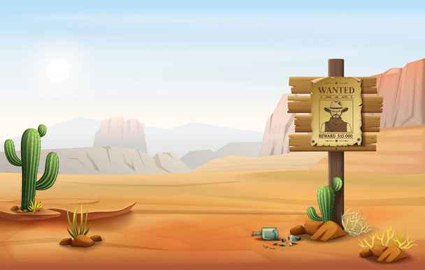Карикатурная композиция Дикого Запада с кактусами на открытом воздухе и поисковой листовкой на векторной иллюстрации деревянного столба - Вектор,изображение